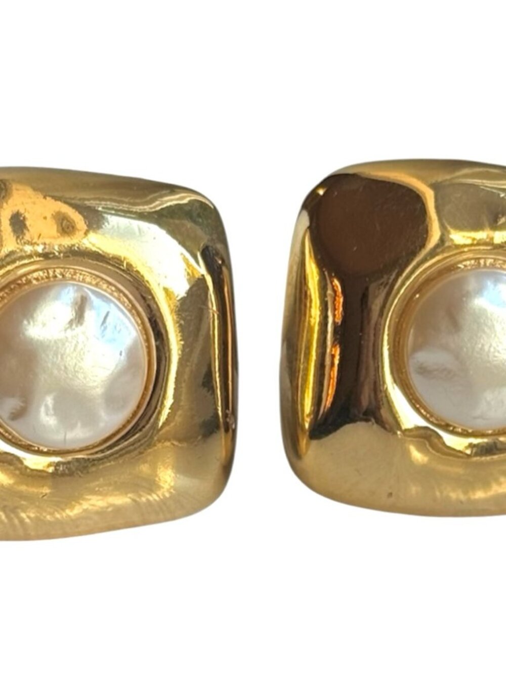 Vintage Givenchy Gold Tone Square Pearl Effect Clip On Statement Earrings